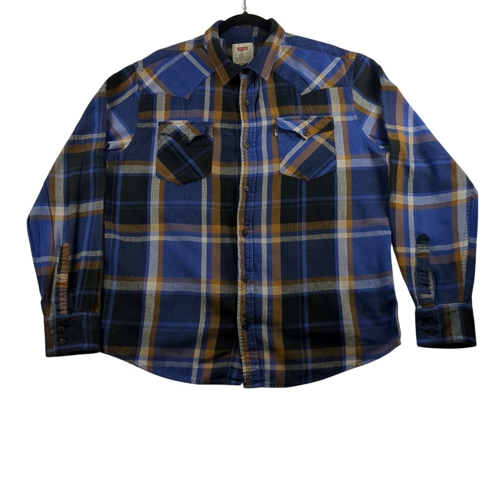 Levi's Flannel Western Shirt Mens Large Blue Plaid Long‎ Sleeve Button Up